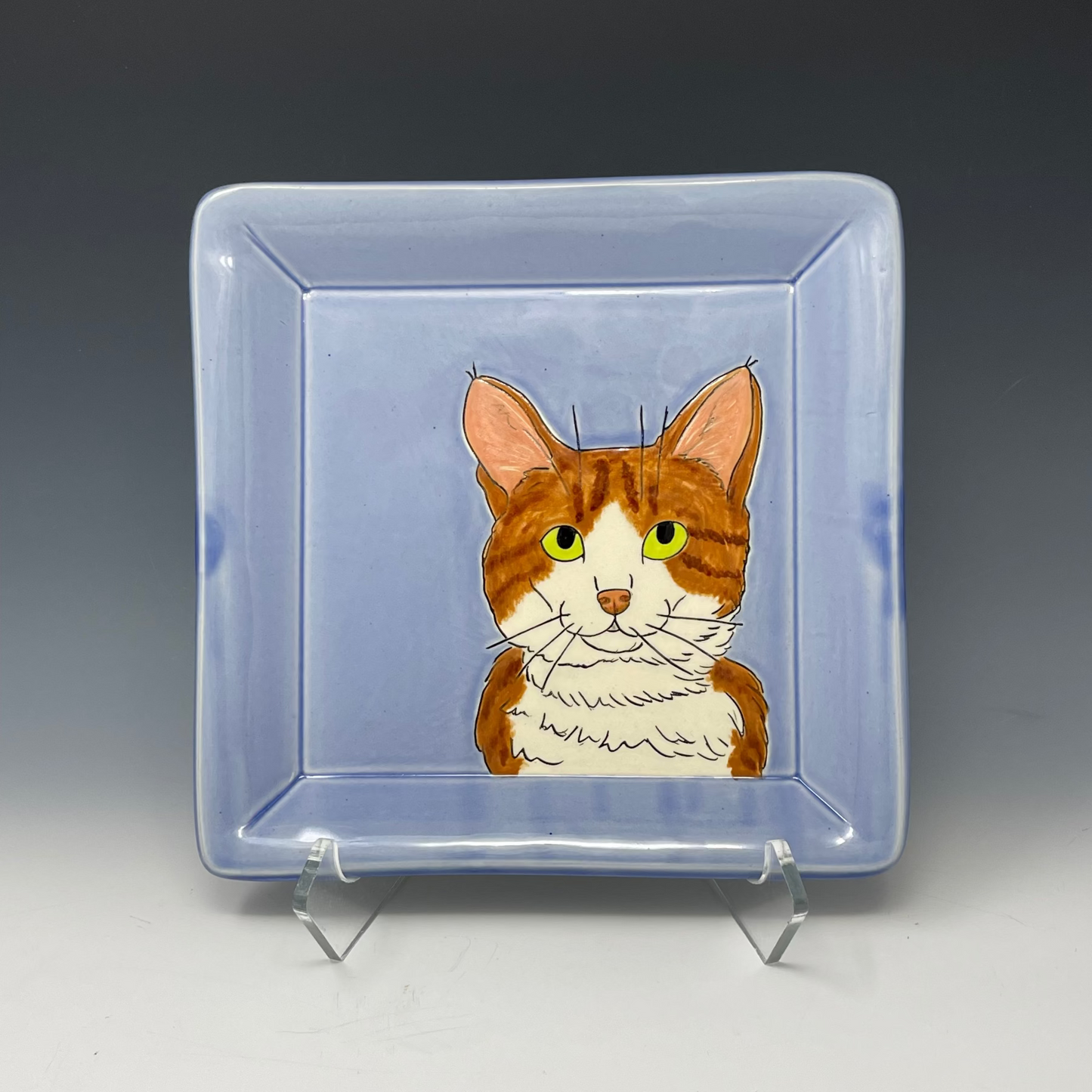 Handmade pottery tray with custom cat portrait. 