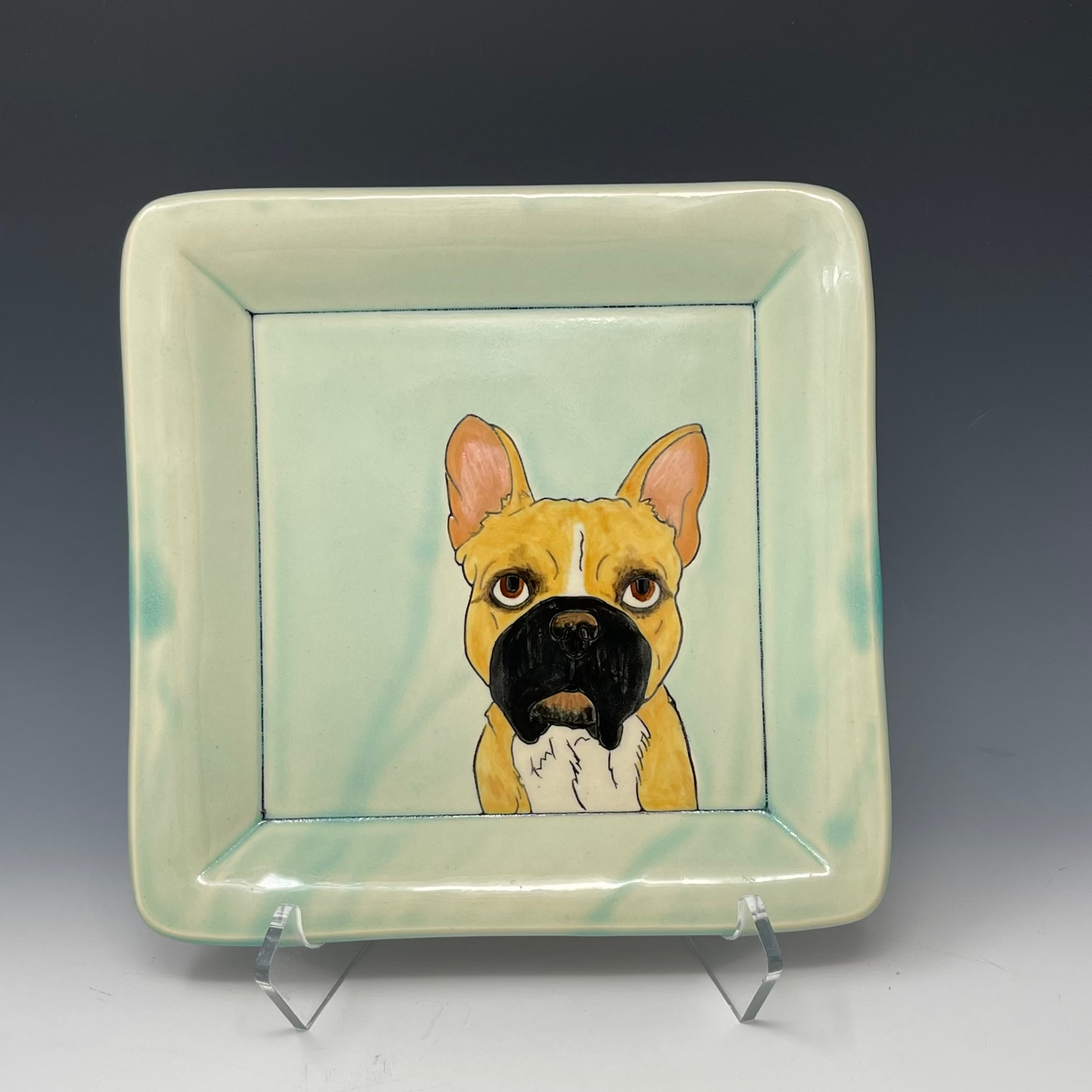 Handmade square tray with a french bulldog custom illustration. Aqua glaze
