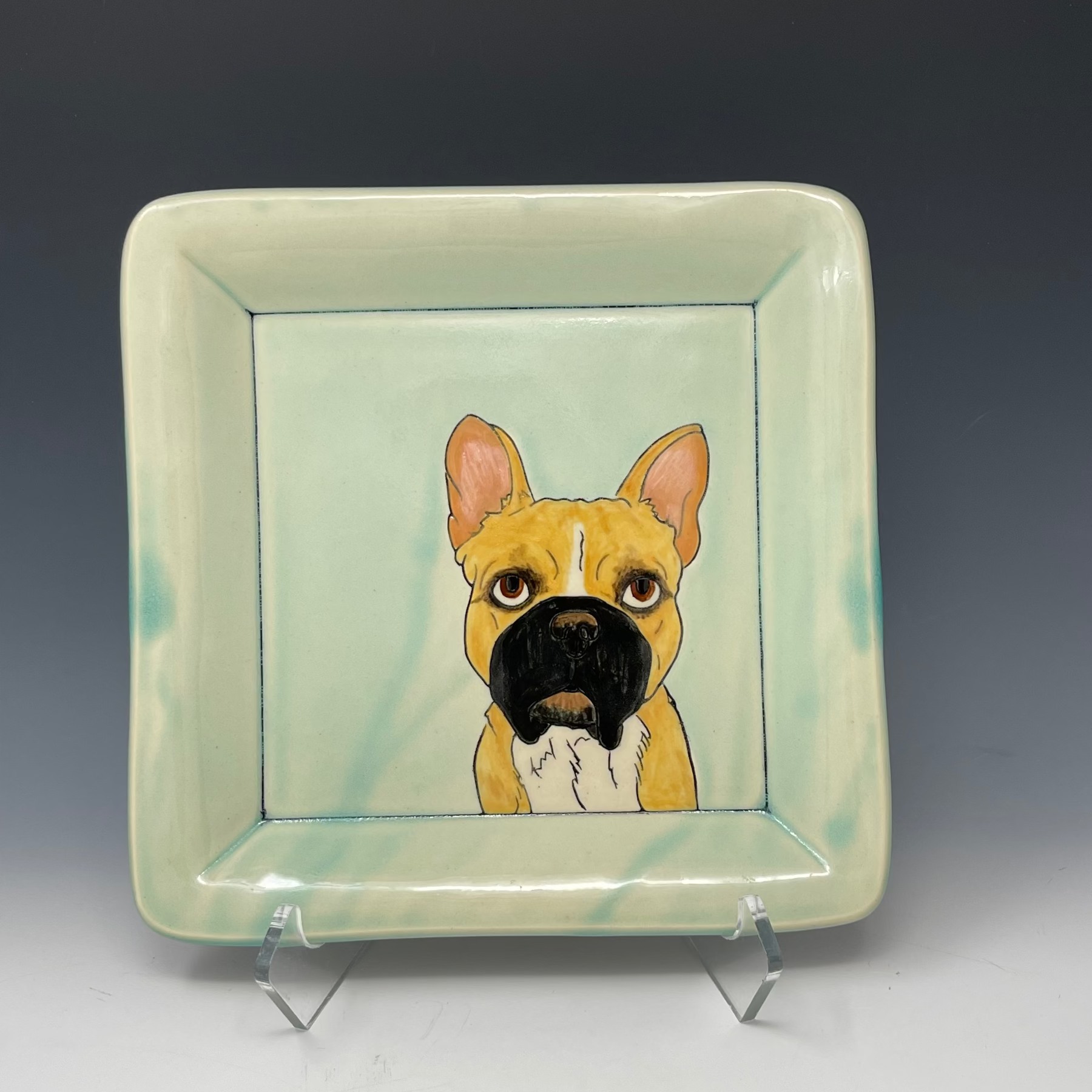Handmade square tray with a french bulldog custom illustration. Aqua glaze