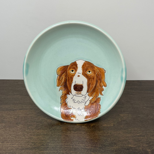 Ceramic bowl with a dog illustration on a wooden surface