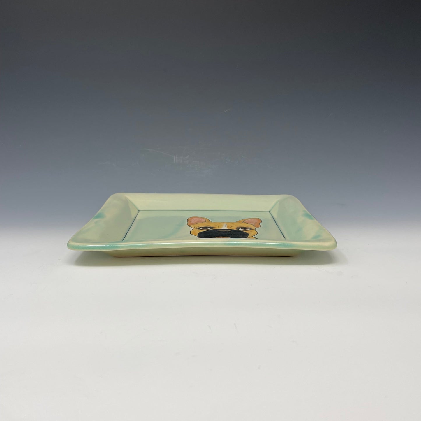 Handmade custom square tray with French Bulldog drawn.