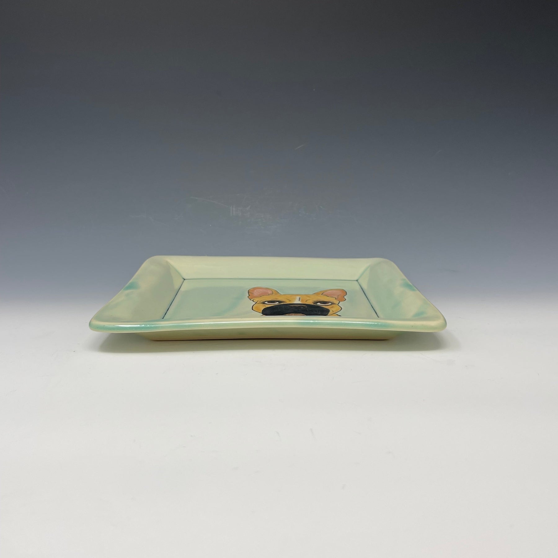 Handmade custom square tray with French Bulldog drawn.