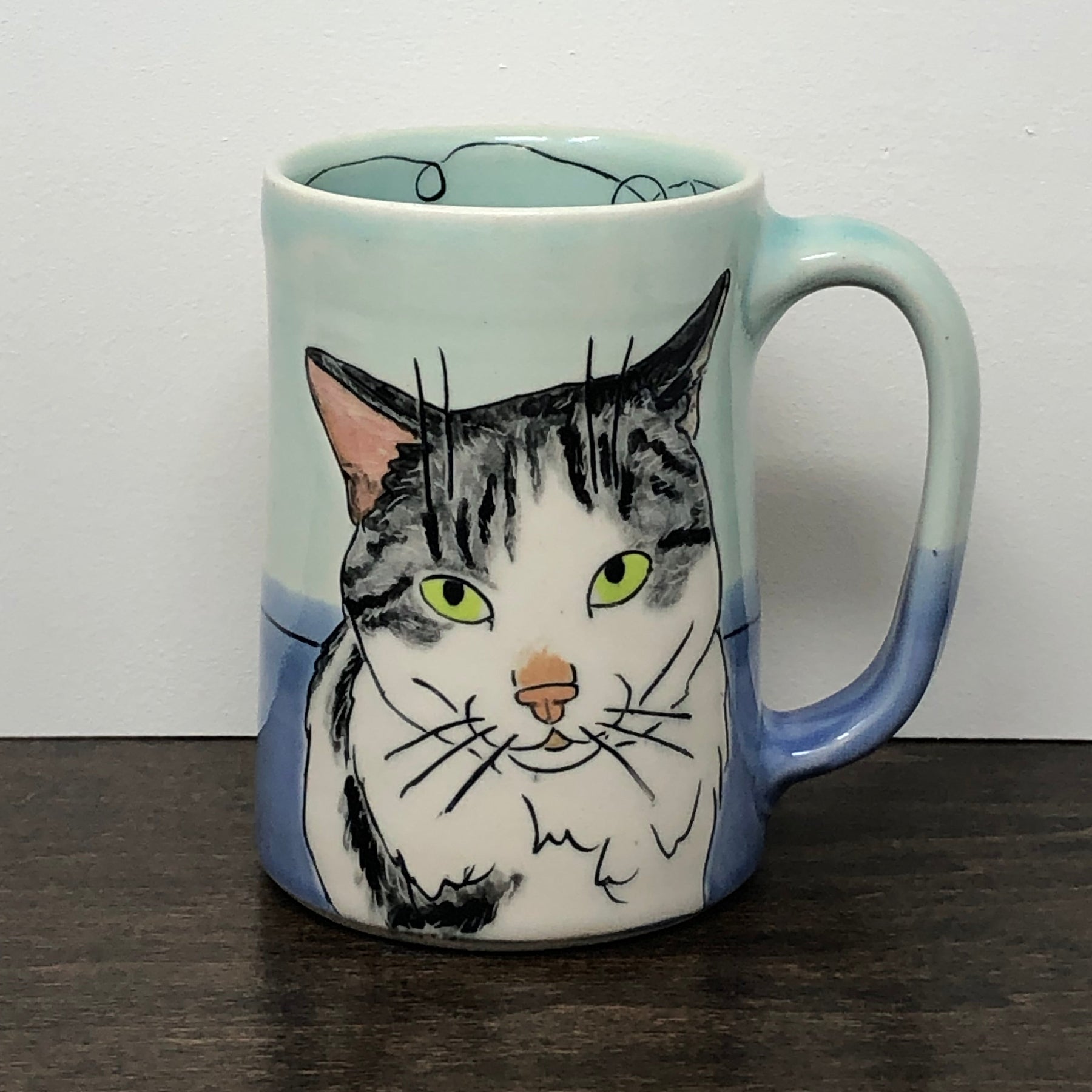 Handmade custom mug with a grey tabby cat