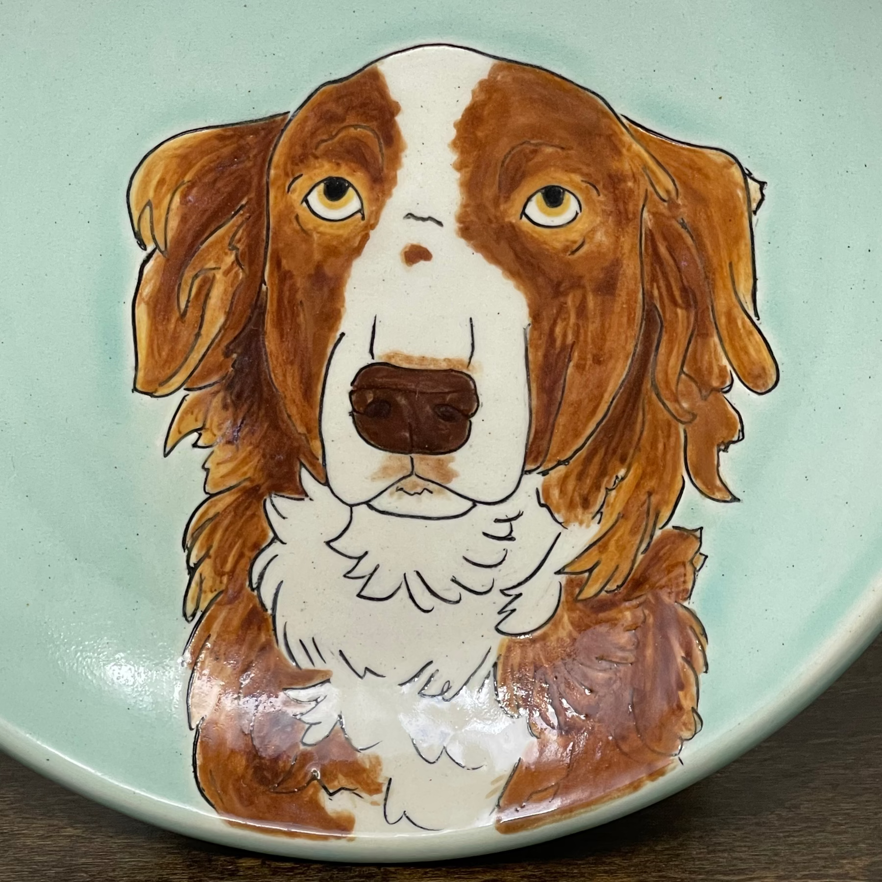 Ceramic plate with a brown and white dog illustration on a light green background