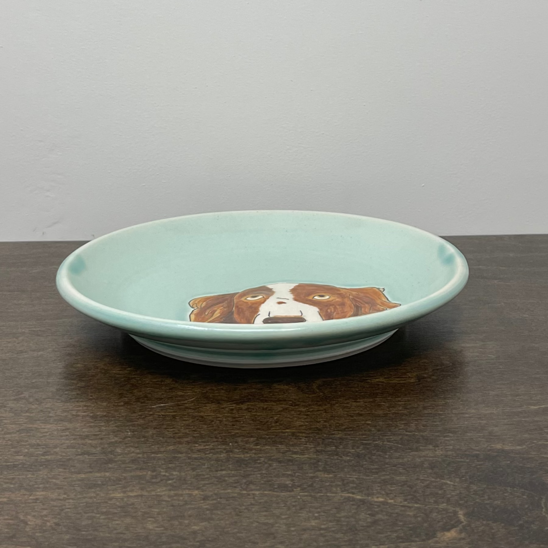Light blue ceramic plate with a dog illustration on a dark wooden surface.