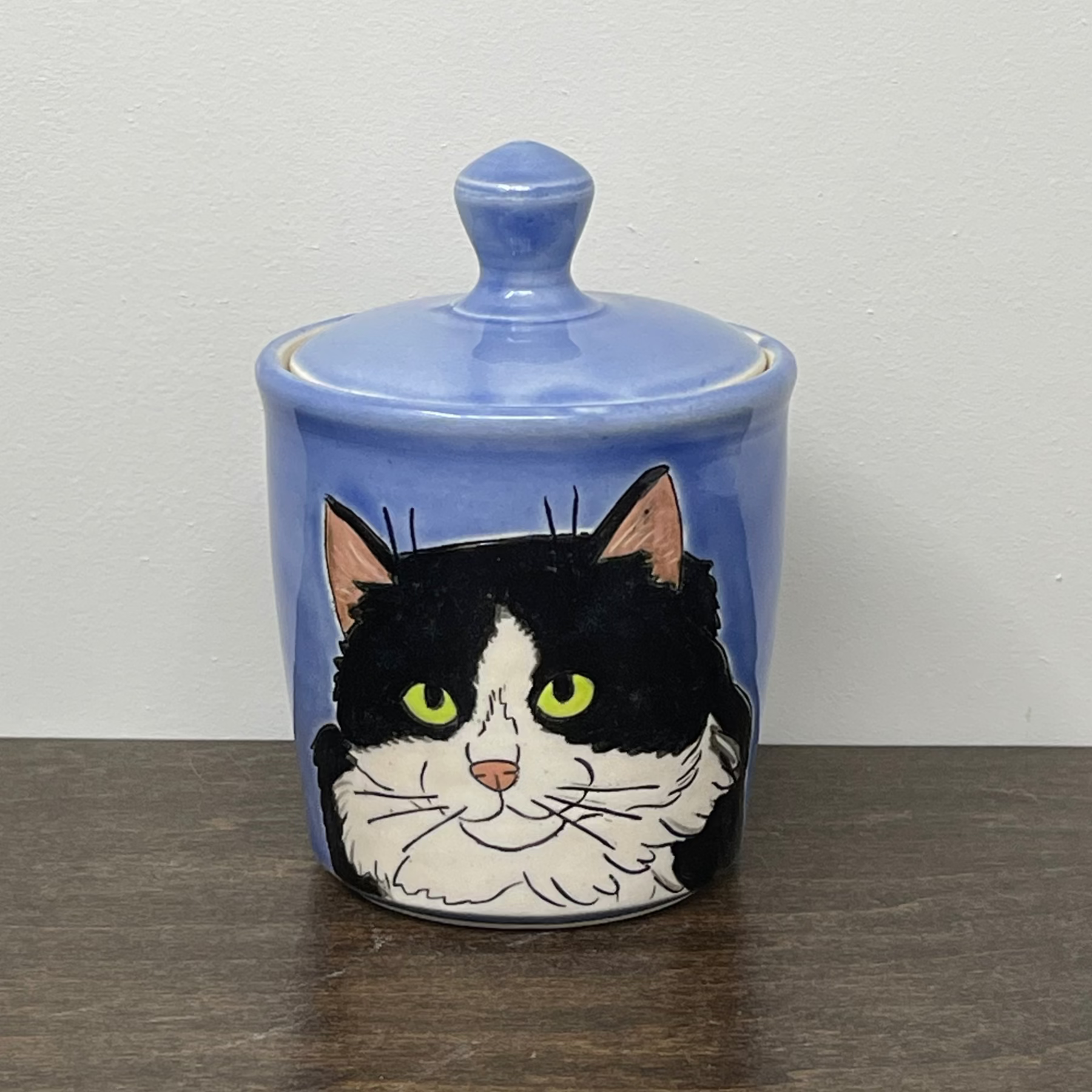 Ceramic jar with a cat illustration on a blue background